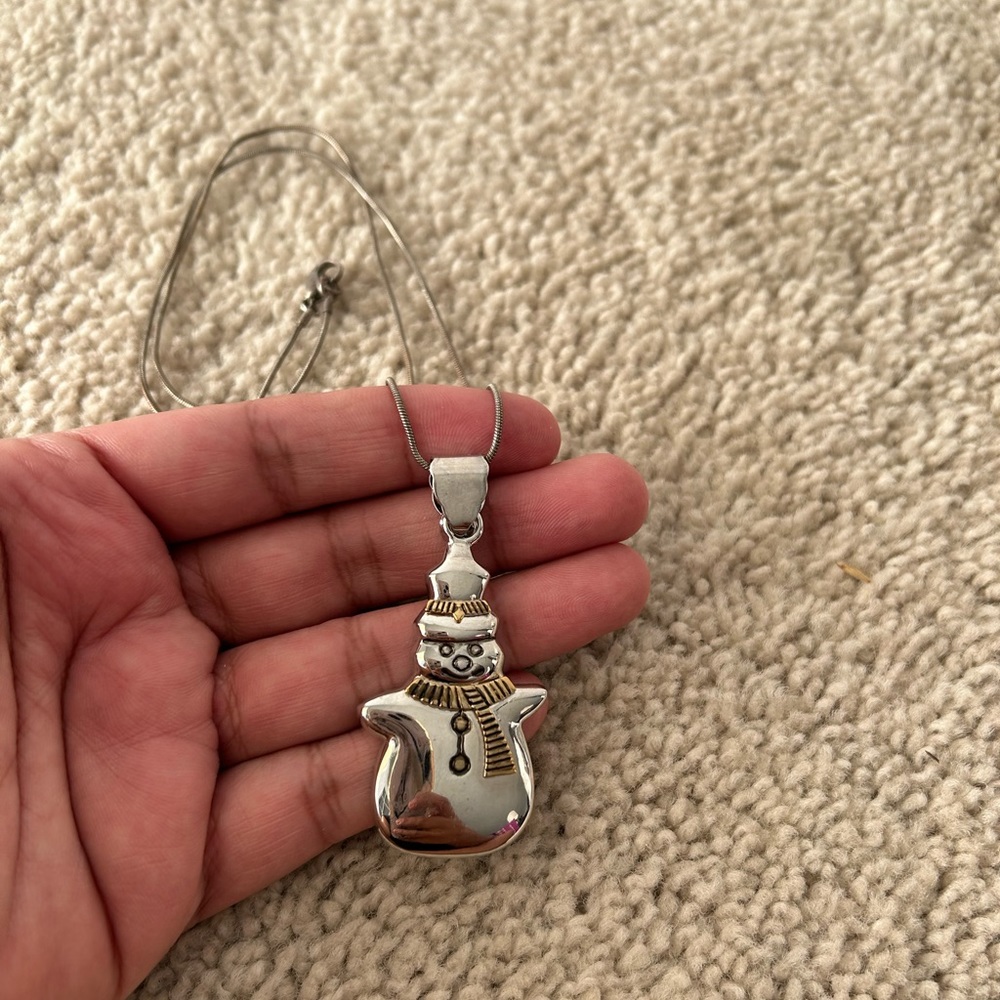 Silver Winter Holiday Snowman Necklace Gold Accents